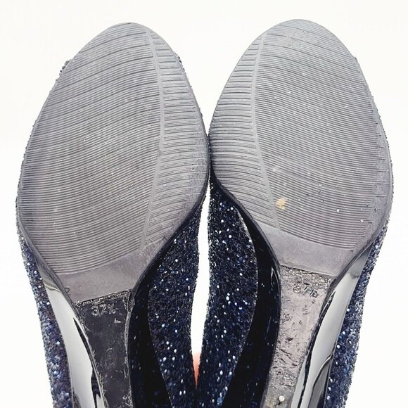 JIMMY CHOO Wedge Heels Blue Glitter BELLO Peep Toe Pumps Size 37.5 - Picture 8 of 9